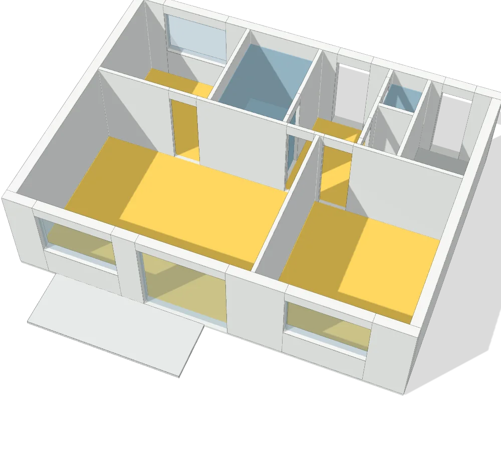 Voorbeeldplattegrond van een appartement van 64 m² in 2D, 3D en met hoeveelheden